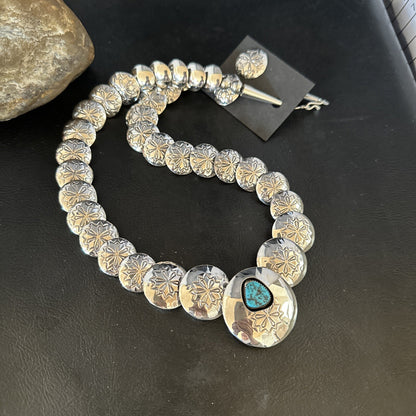 Turquoise Pillow Navajo Sterling Silver Bead Necklace 15082