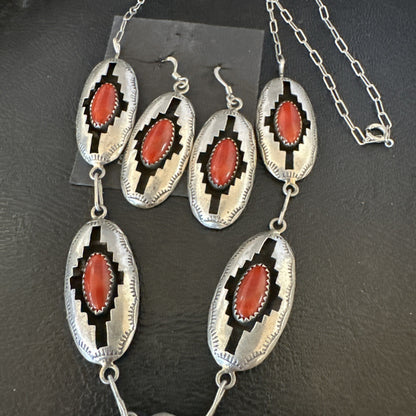 Old Native Navajo Red Coral Sterling Silver Shadowbox Necklace Earrings 18”19101