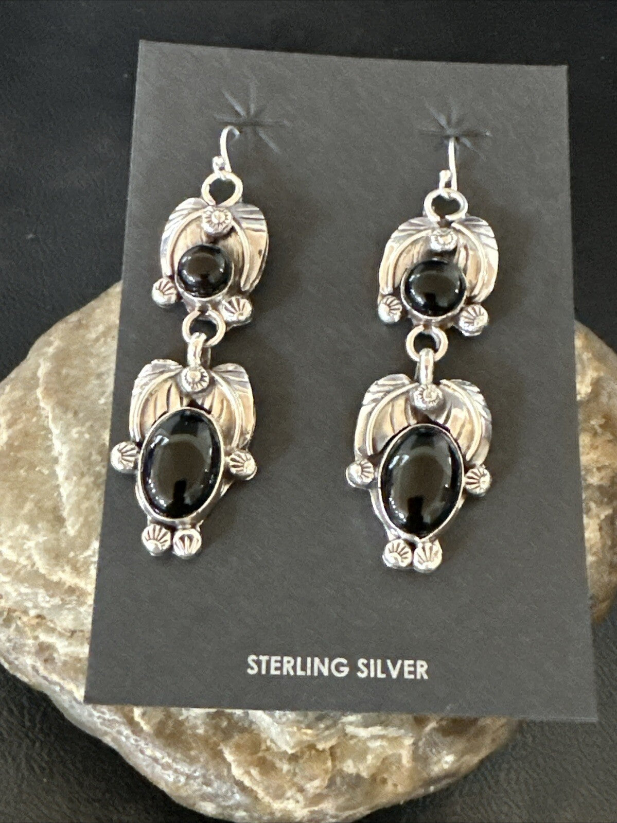 Black Onyx Navajo Sterling Silver Dangle Earrings 1.5" 18285