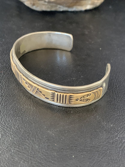 Mens Navajo Handmade Stamped Sterling Silver 12K Gold Cuff Bracelet 19032