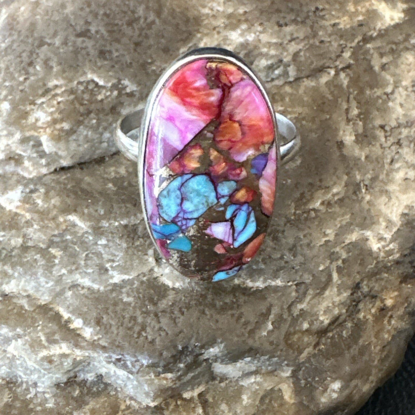 Blue Turquoise Spiny Oyster Southwestern Sterling Silver Ring Size 11 18451