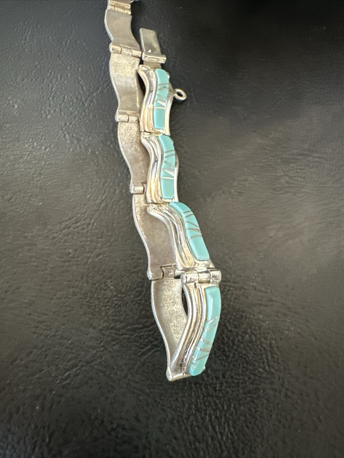 Blue Turquoise Navajo Old Pawn Sterling Silver Inlay Bracelet 8” 18132