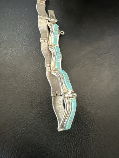 Blue Turquoise Navajo Old Pawn Sterling Silver Inlay Bracelet 8” 18132