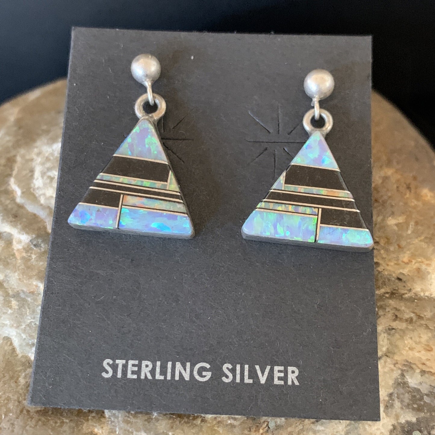 Womens Blue Opal & Black Onyx Inlay Navajo Sterling Silver Earrings 12781