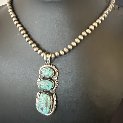 Blue Kingman Turquoise 3 Stone Navajo Sterling Silver Cluster Pendant 17633
