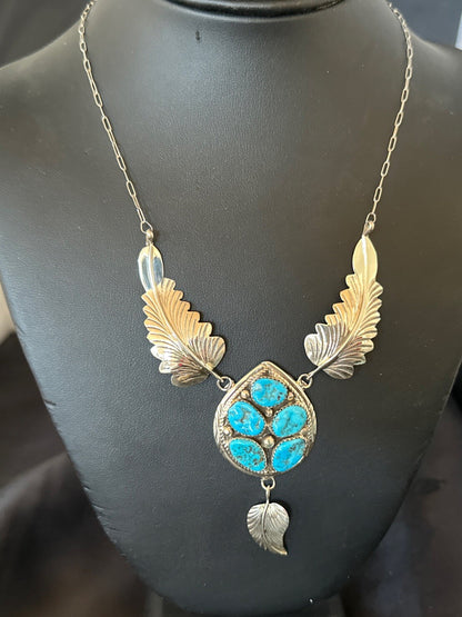 Blue Kingman Turquoise Navajo Sterling Silver Cluster Pendant 18575