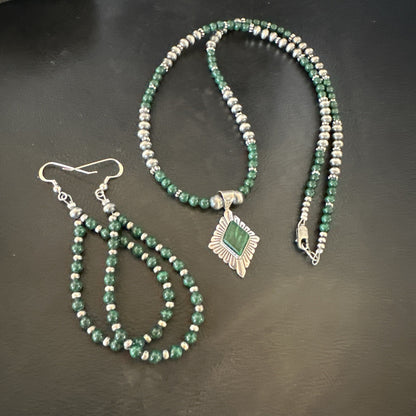 Womens Green Malachite Pendant Navajo Sterling Silver Necklace Earrings 18374