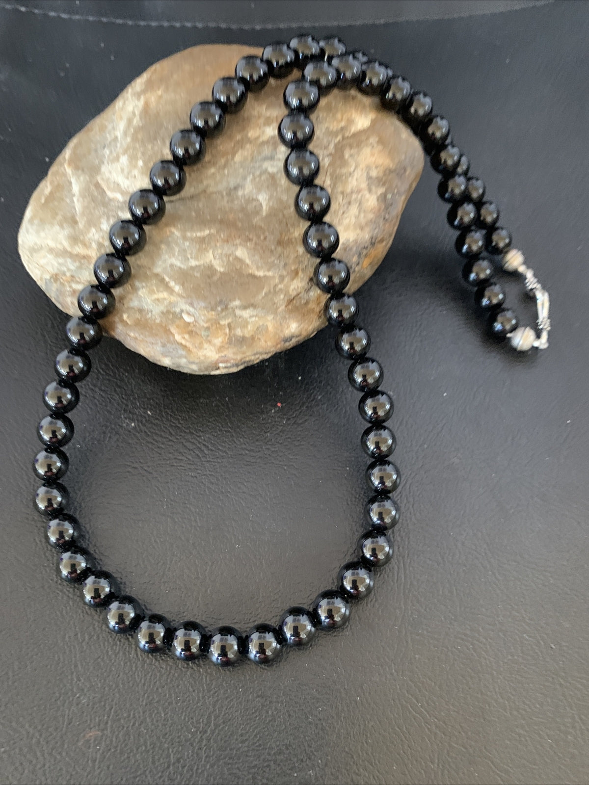 Mens Black Onyx Bead Necklace 22" Navajo Sterling Silver 13109
