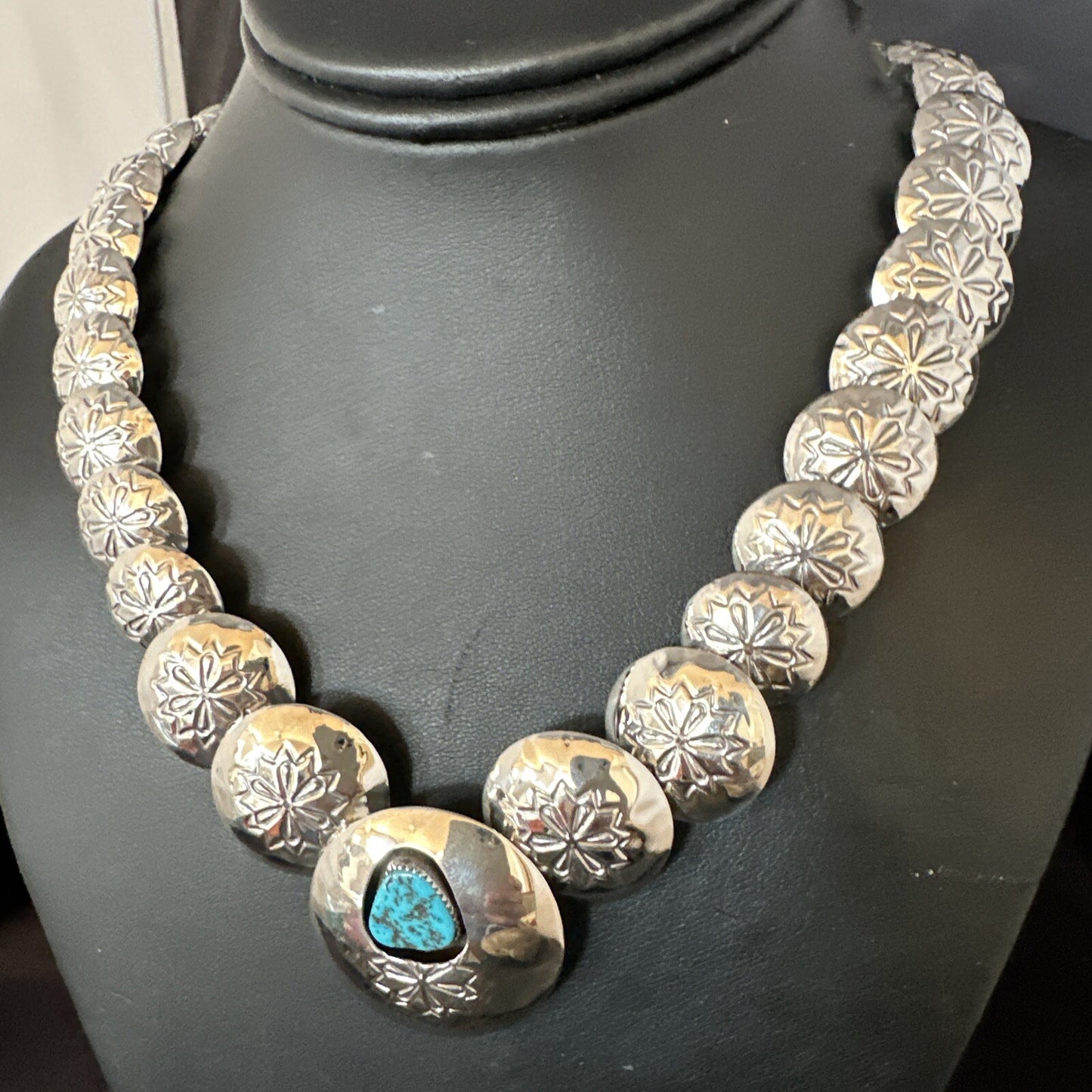 Turquoise Pillow Navajo Sterling Silver Bead Necklace 15082