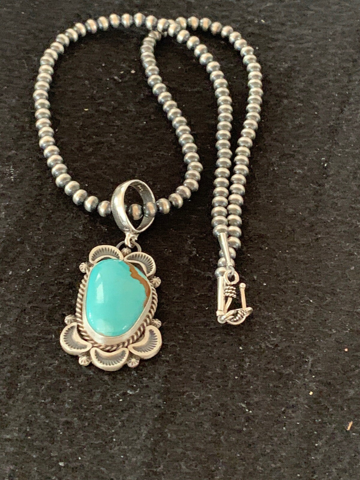 Mens Navajo Pearls Sterling Silver Royston Turquoise Necklace Pendant 04306