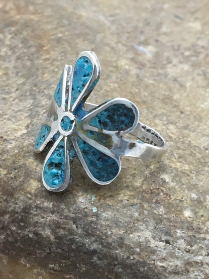 Navajo Blue Turquoise Flower Ring Sterling Silver 6.75 03076