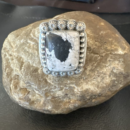 White Buffalo Turquoise Navajo Sterling Silver Ring Size 8 18775