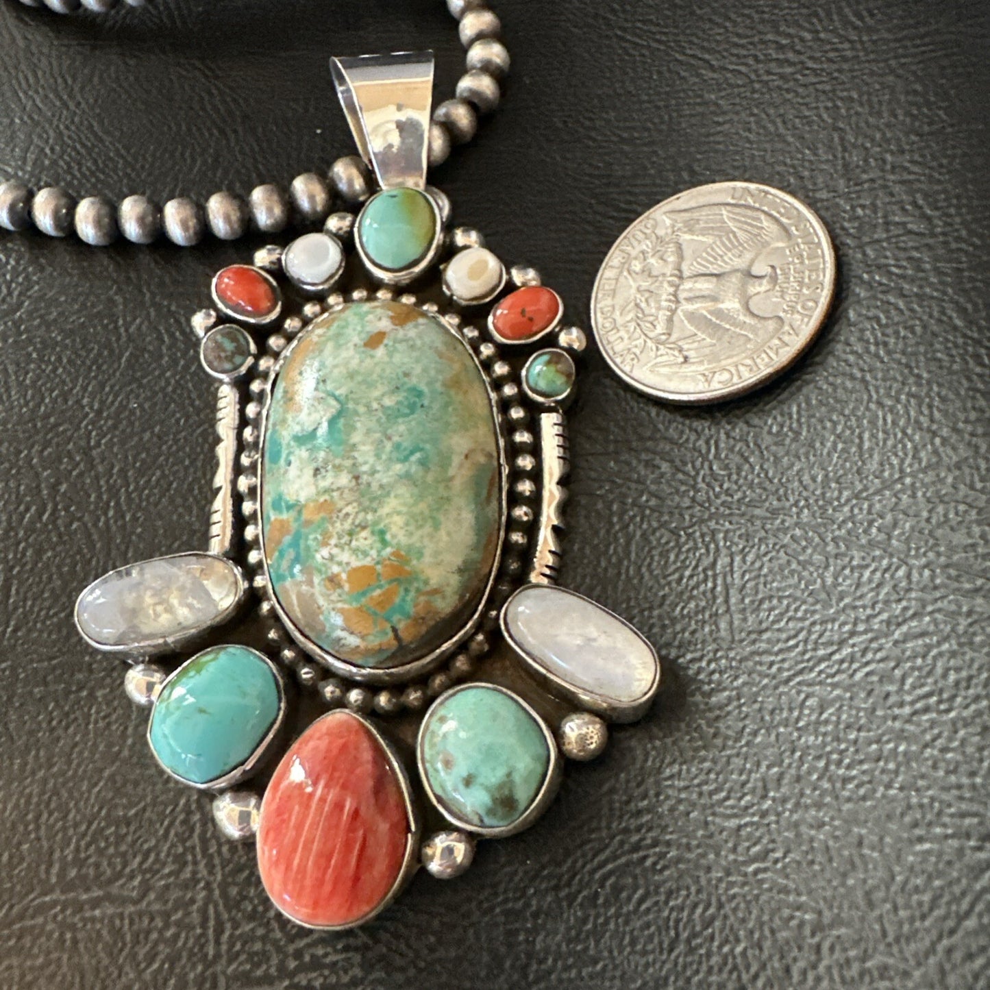 XL Royston Turquoise Spiny Cluster Pendant Navajo Sterling Silver Necklace 18750