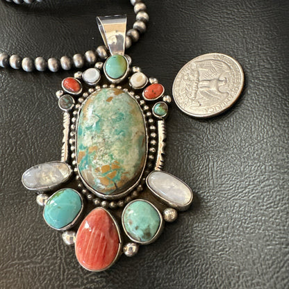 XL Royston Turquoise Spiny Cluster Pendant Navajo Sterling Silver Necklace 18750
