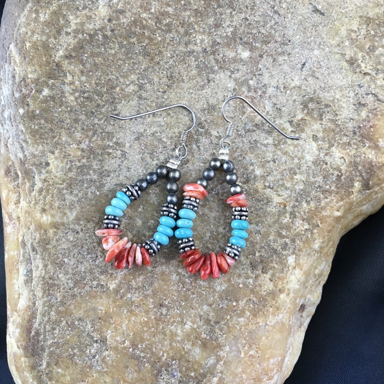 Turquoise Spiny Oyster Navajo Sterling Silver Earrings 1.25” 2034