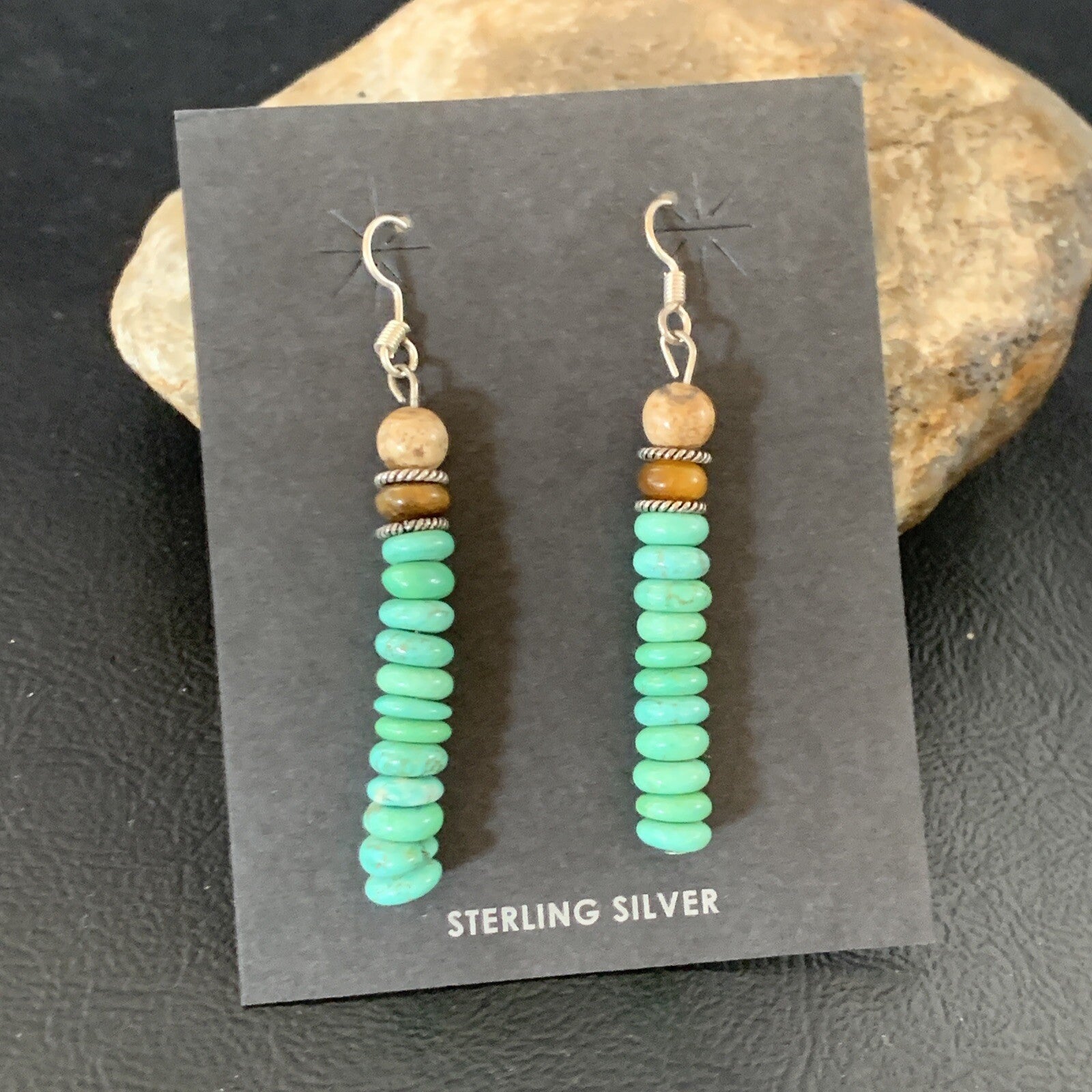 Green Turquoise & Picture Jasper Bead Navajo Sterling Silver Earrings 04080