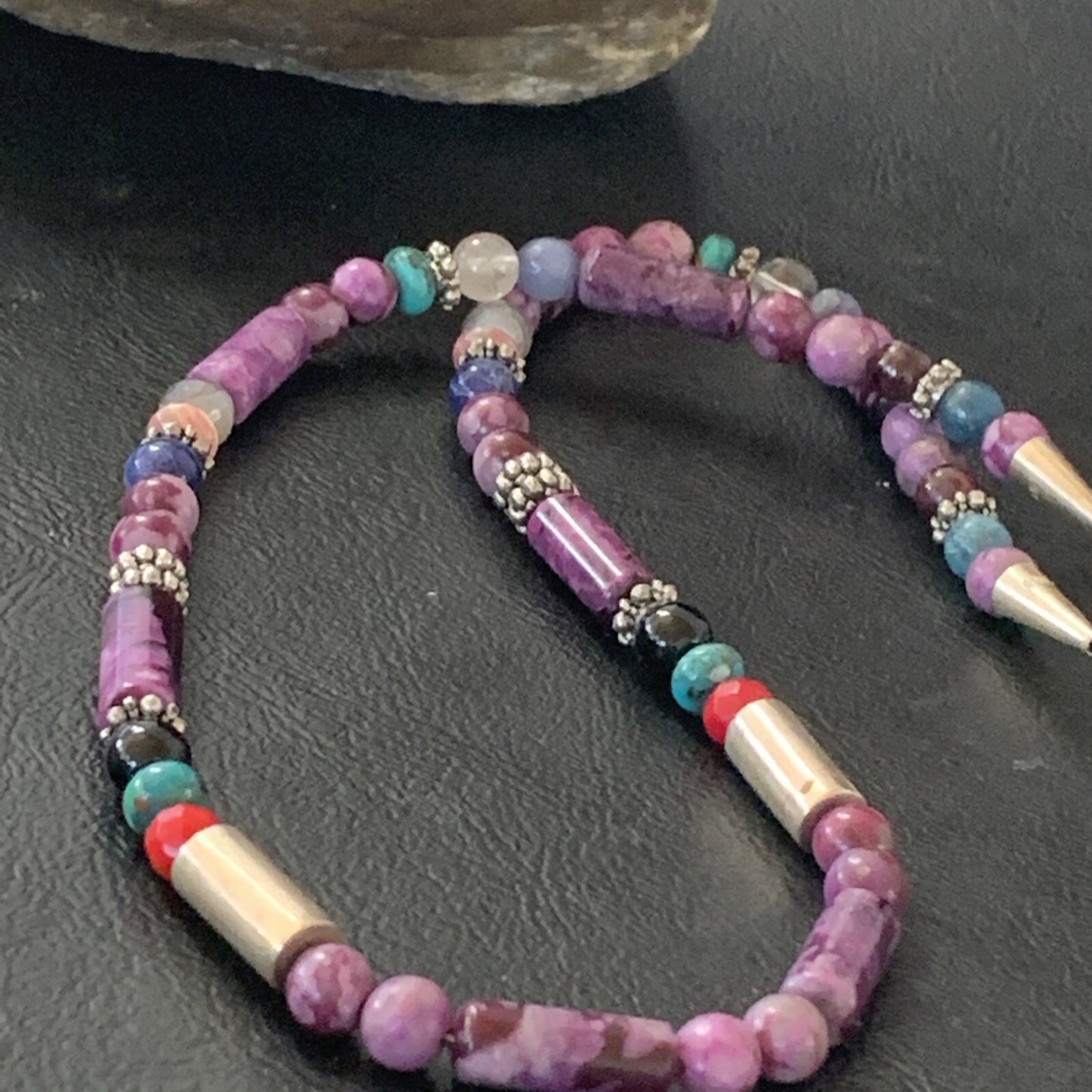 Turquoise Purple Stone & Coral Beads Navajo Sterling Silver Necklace 10391