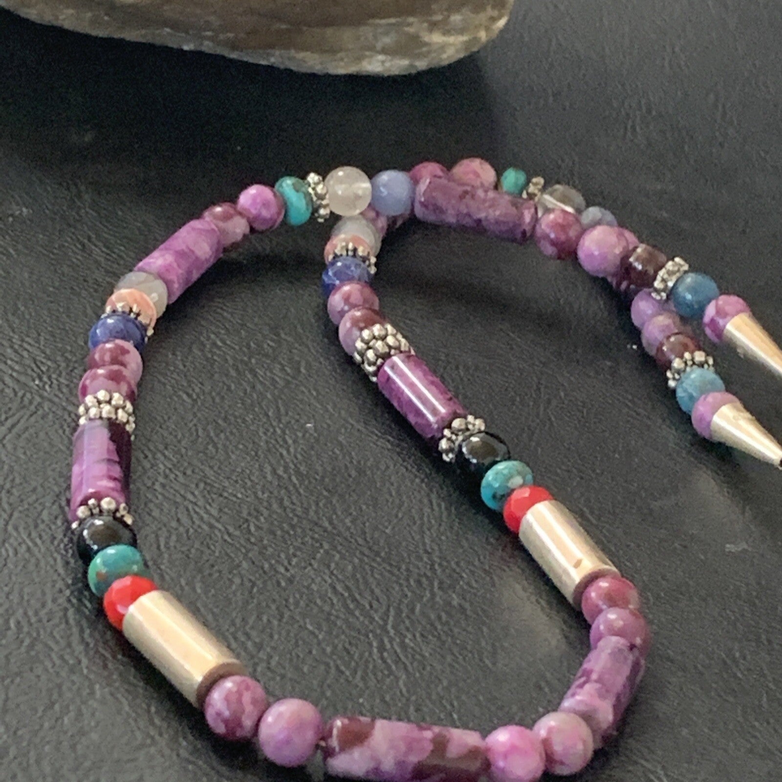 Turquoise Purple Stone & Coral Beads Navajo Sterling Silver Necklace 10391