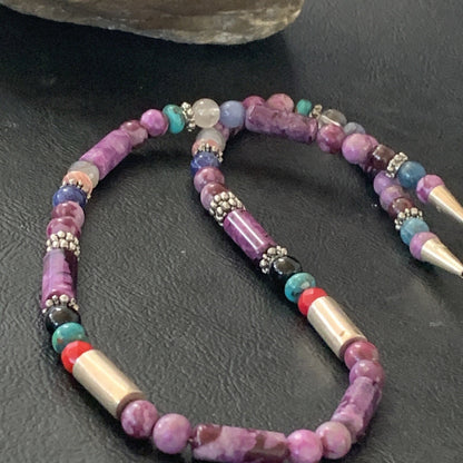 Turquoise Purple Stone & Coral Beads Navajo Sterling Silver Necklace 10391
