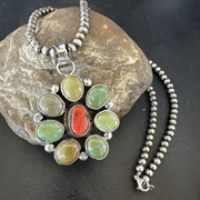 Navajo Cluster Red Turquoise Pendant Necklace | Sterling Silver | Authentic Native American Handmade | 17712