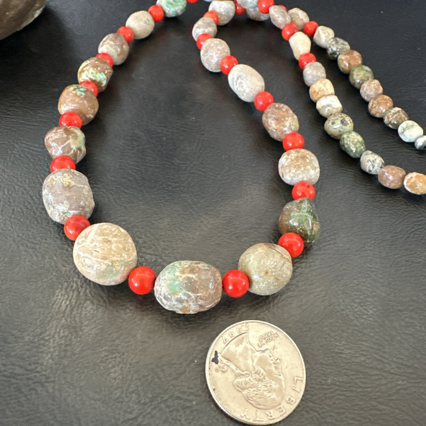 Rustic Turquoise Red Coral Navajo Pearls Sterling Silver Necklace 24" 18320