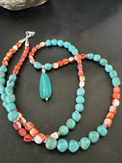 Red Spiny Oyster Blue Turquoise Navajo Sterling Silver Necklace 17954