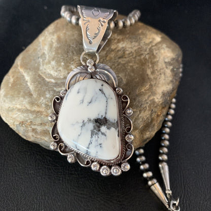 White Buffalo Turquoise Pendant Necklace Sterling Silver Navajo 13993