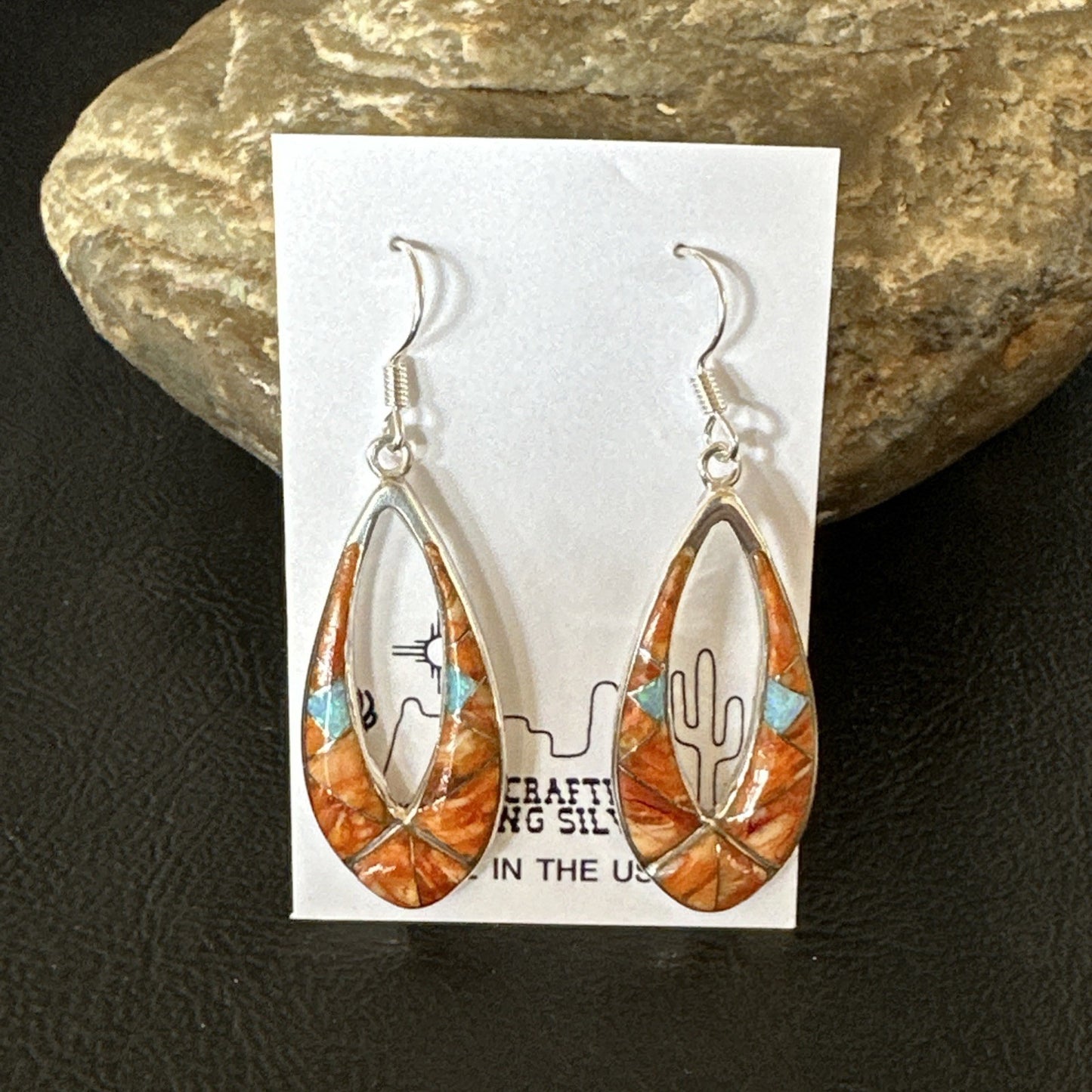 Women Opal Spiny Oyster Inlay Southwestern Sterling Silver Dangle Earrings 19136