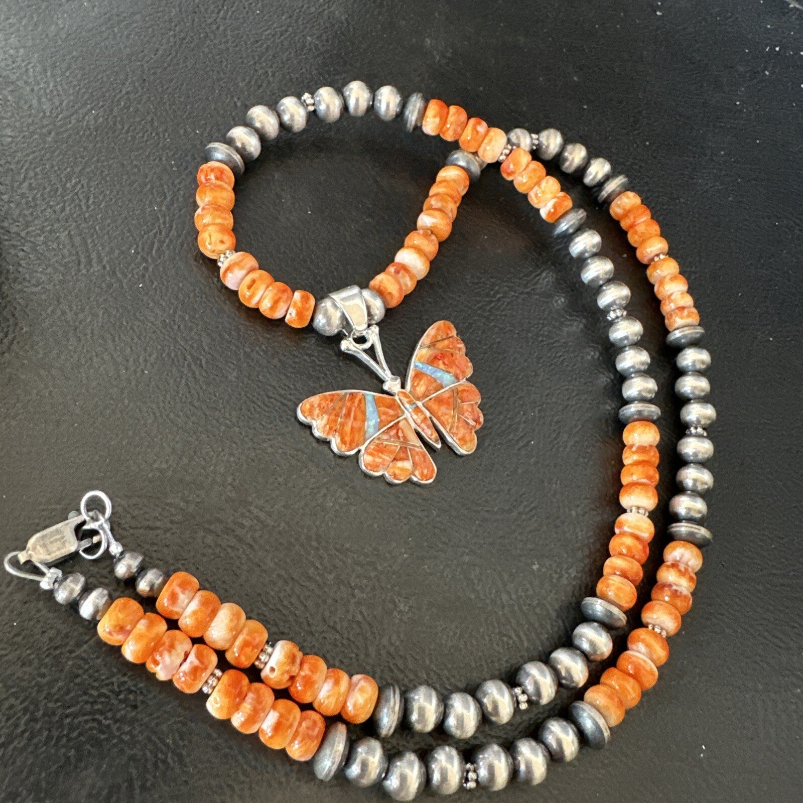 Butterfly Orange Spiny Oyster Opal Inlay Sterling Silver  Necklace Pendant 18676