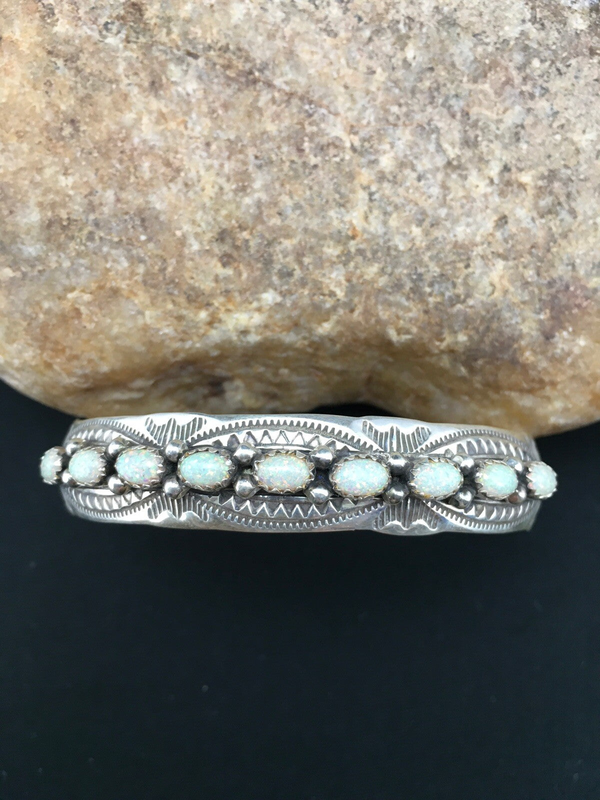 White Opal Navajo Sterling Silver Native American Cuff Bracelet 4734
