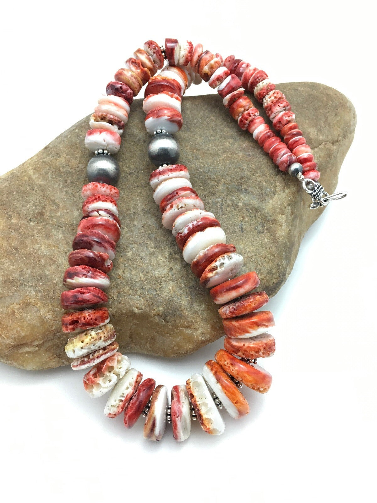Native American Red Spiny Oyster Navajo Sterling Silver Necklace 20" 04026