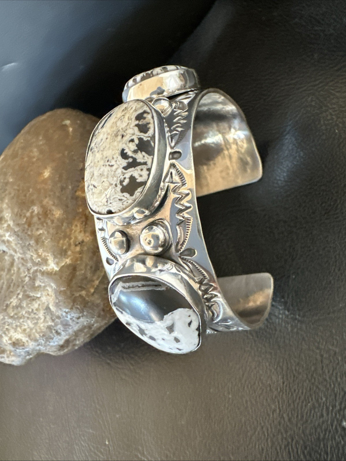 Mens White Buffalo Turquoise Navajo Sterling Silver Cuff Bracelet 7.5" 19428