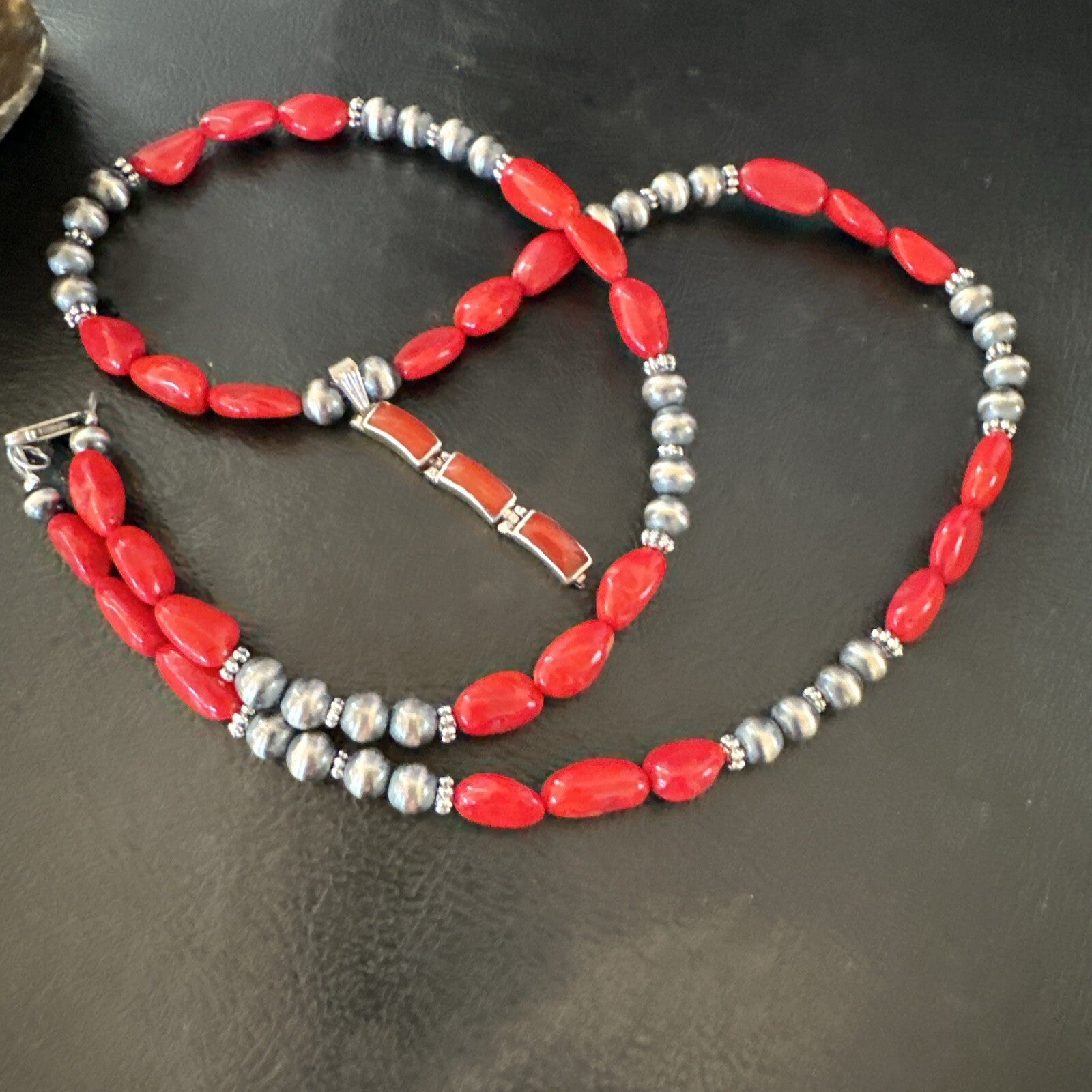 Red Coral Pendant Navajo Pearls Sterling Silver Necklace 23" 18363