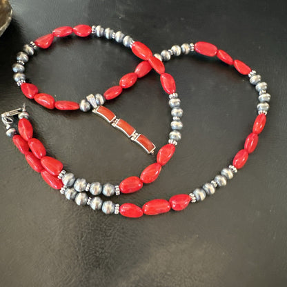 Red Coral Pendant Navajo Pearls Sterling Silver Necklace 23" 18363