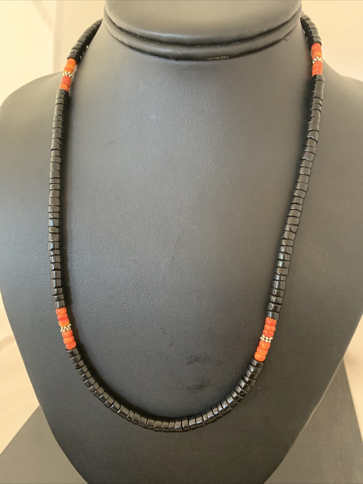 Mens Spiny Oyster & Onyx Heishi Navajo Pearls Sterling Silver Necklace 1391