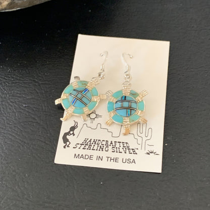 Turquoise & Opal Navajo Sterling Silver Inlay Turtle Earrings 0.5" 12015