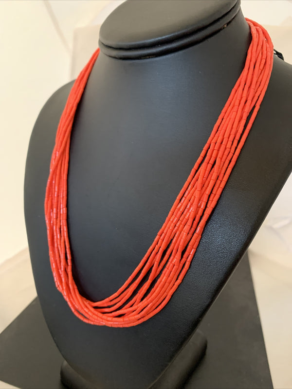 Red Coral Stabilized Heishi 10 Strands Necklace 20" | Sterling Silver | Authentic Native American Handmade | 14817