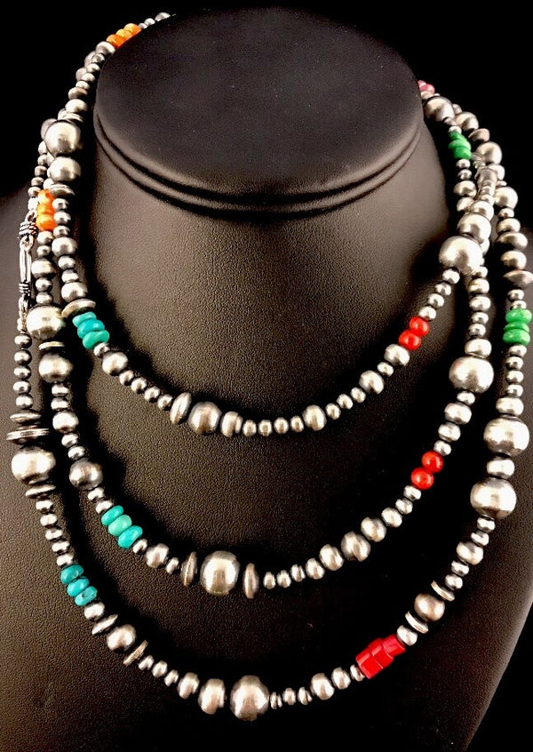 Turquoise Coral Spiny Oyster Beads Bead Necklace | Sterling Silver | Authentic Native American Handmade | 92818
