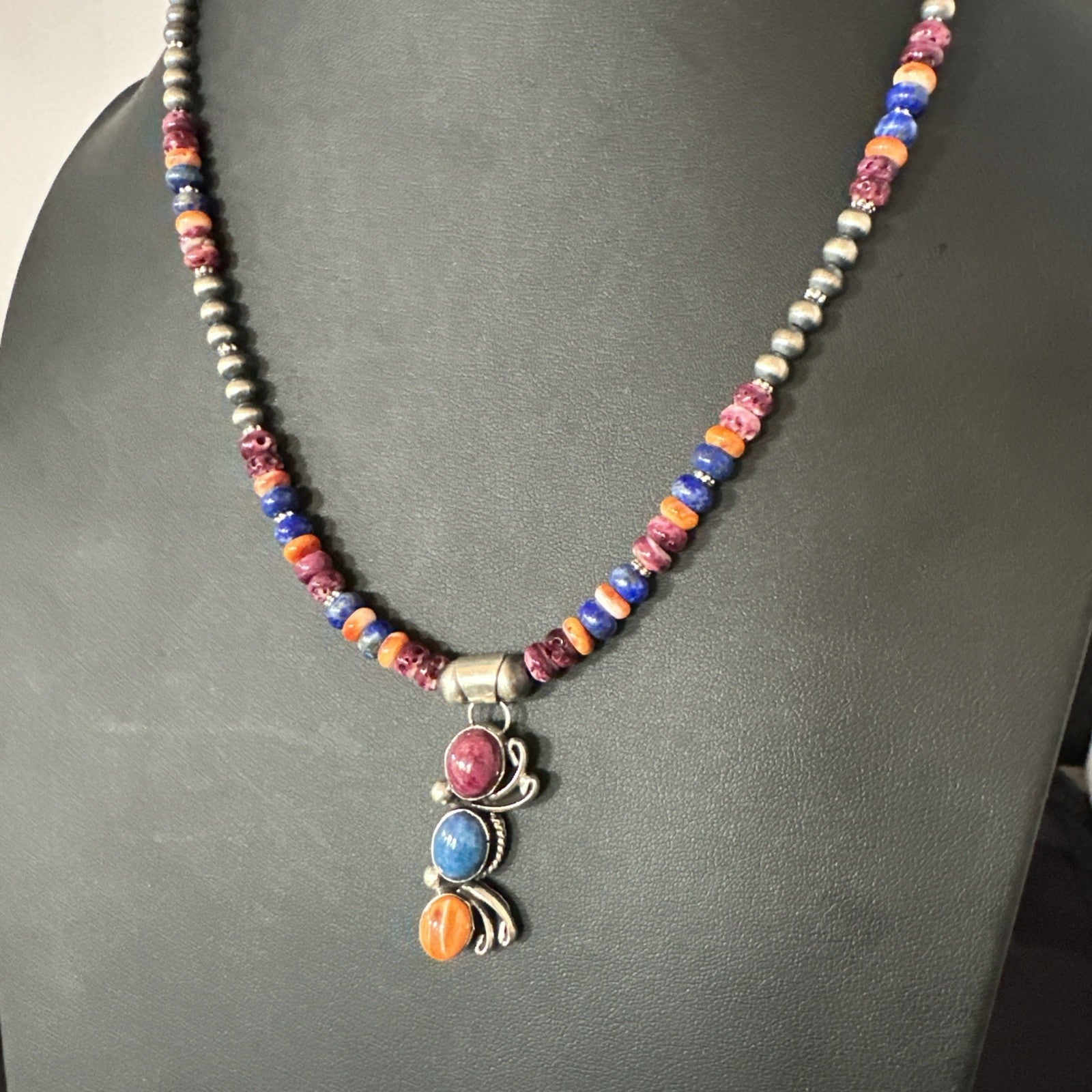 Multicolor Turquoise Spiny Navajo Sterling Silver Cluster Pendant Necklace 19639