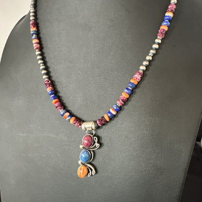 Multicolor Turquoise Spiny Navajo Sterling Silver Cluster Pendant Necklace 19639