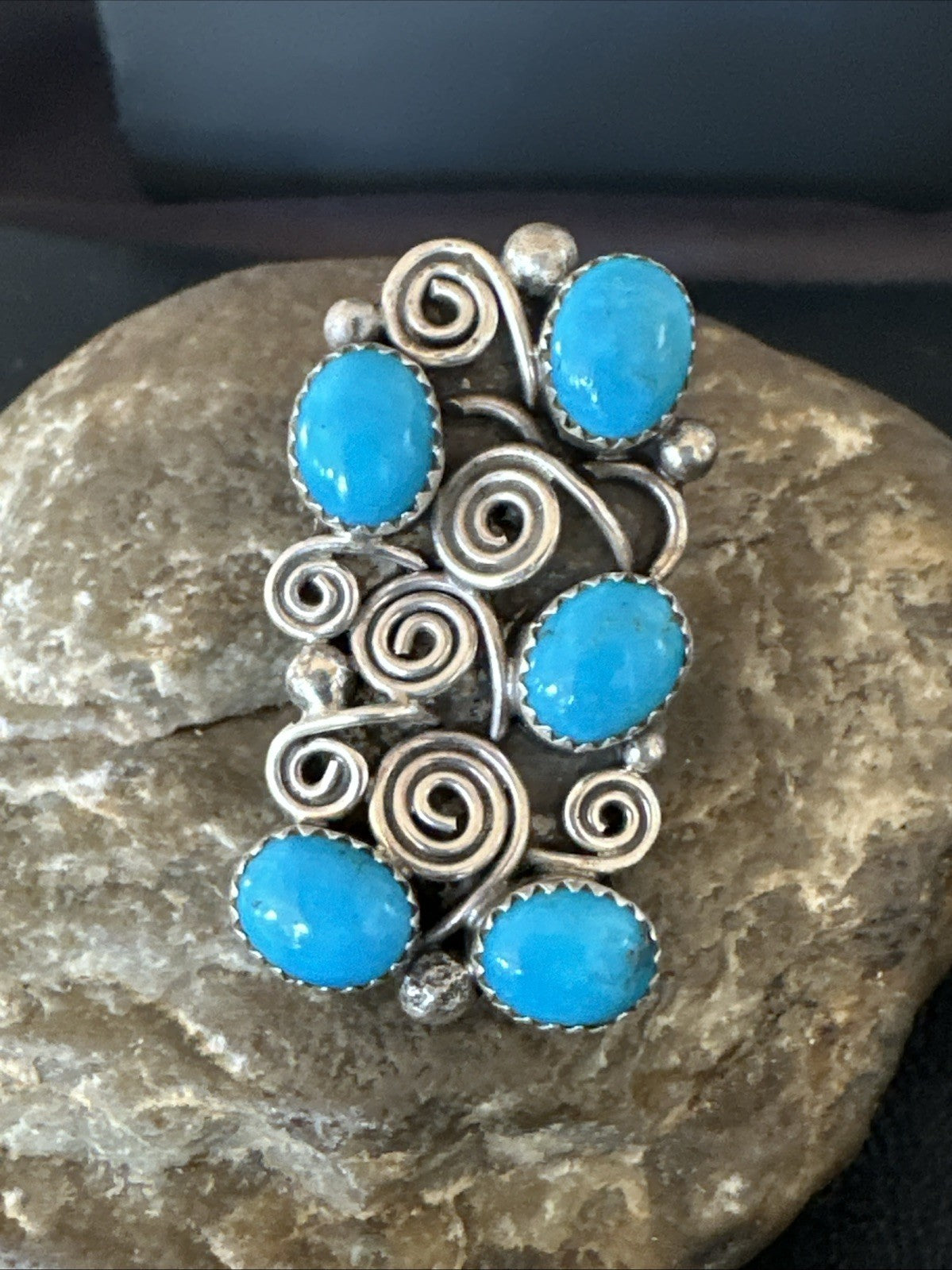 Navajo Blue Kingman Turquoise Ring MultiStone Cluster Sz 8 19801