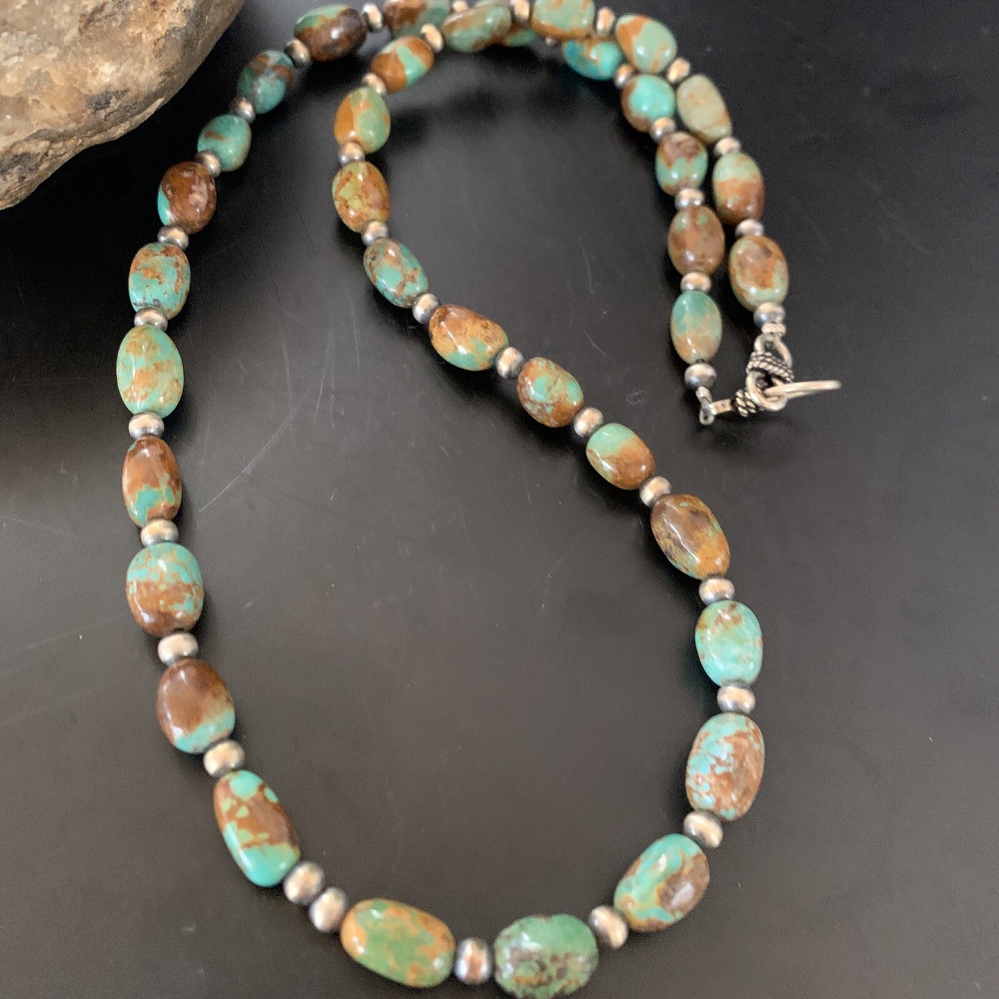 Green Royston Turquoise Bead Navajo Sterling Silver Beads Necklace 11465