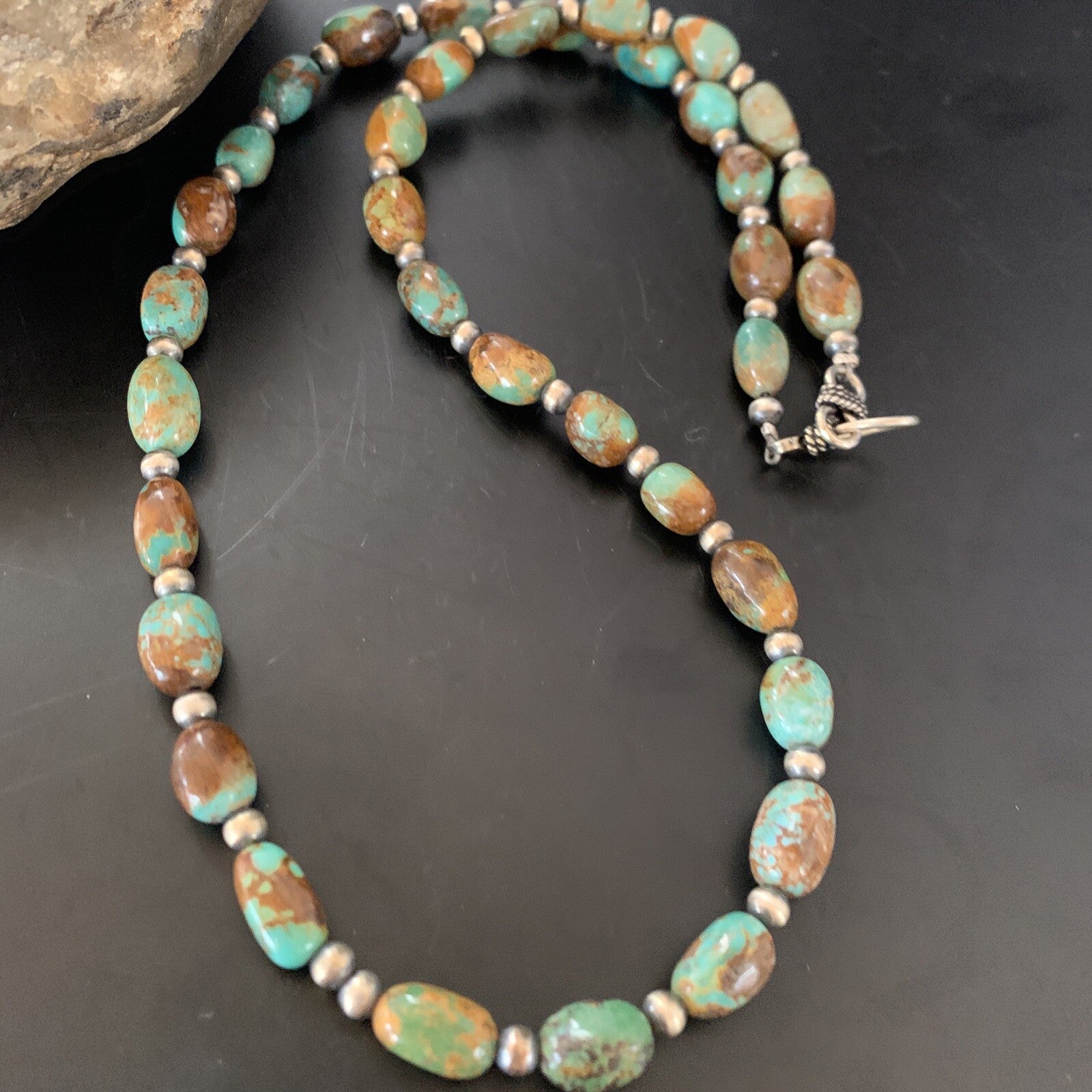 Green Royston Turquoise Bead Navajo Sterling Silver Beads Necklace 11465