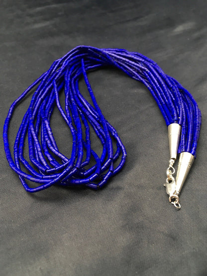 Stabilized Lapis Lazuli 10 Strand Sterling Silver Tube Heishi Necklace 24" 13422