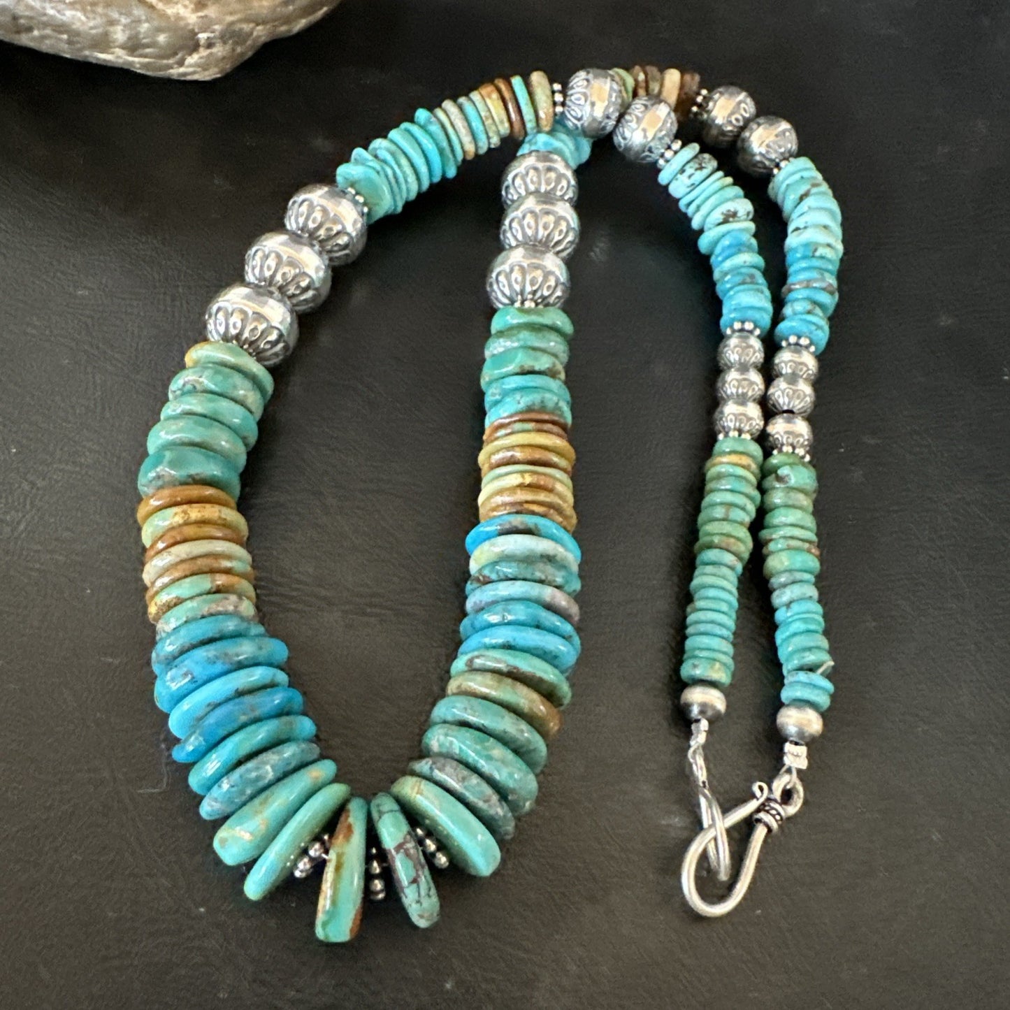 WoMens Blue Green Turquoise Navajo Sterling Silver Necklace 24” 19493
