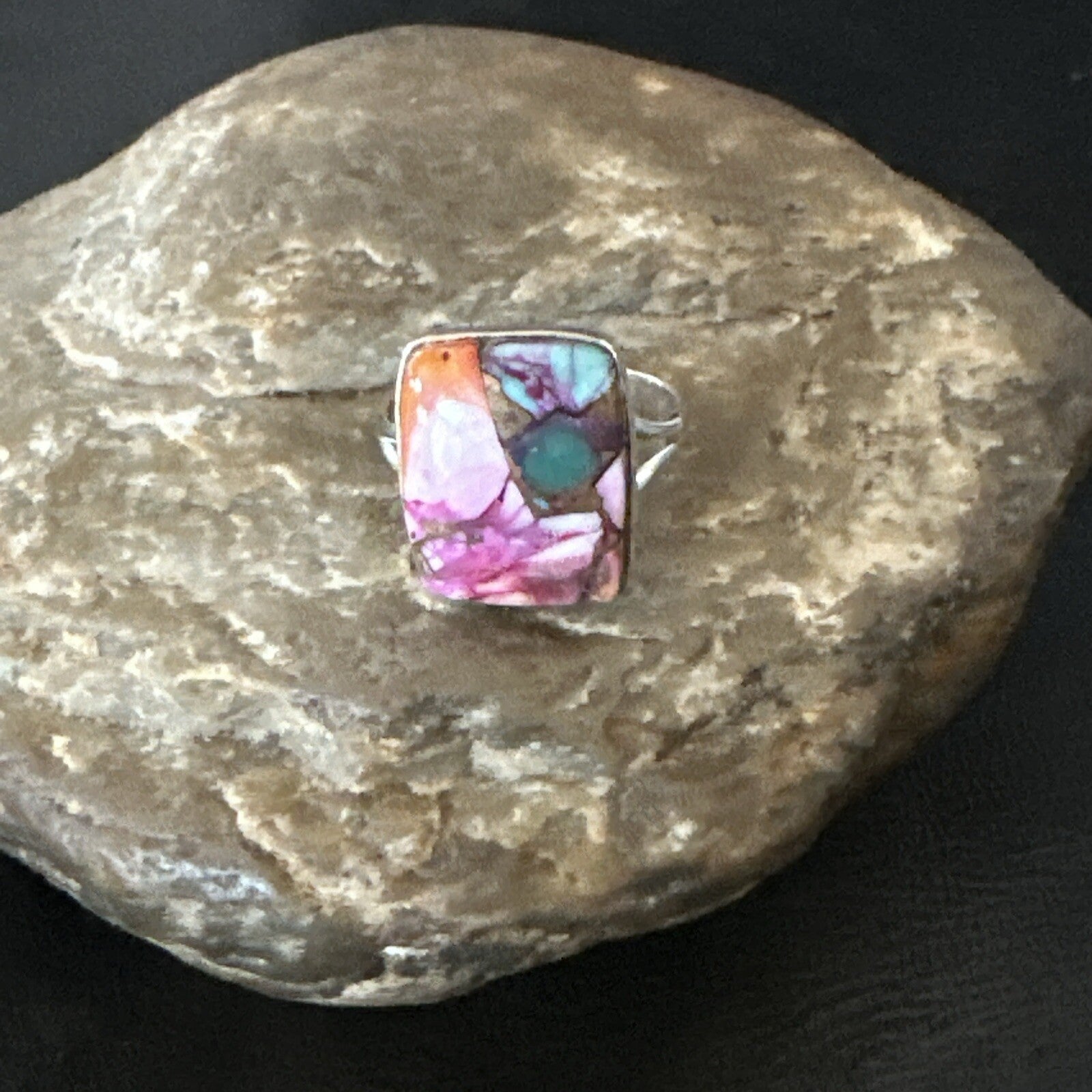Blue Turquoise Spiny Oyster Southwestern Sterling Silver Ring Size 8 18442