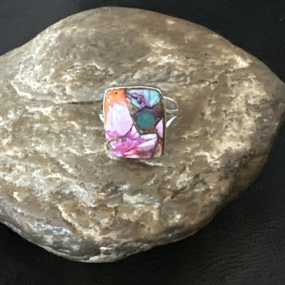 Blue Turquoise Spiny Oyster Southwestern Sterling Silver Ring Size 8 18442
