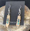 Blue Turquoise Navajo Handmade Inlay Feather Earrings | Sterling Silver | Authentic Native American Handmade | 13086
