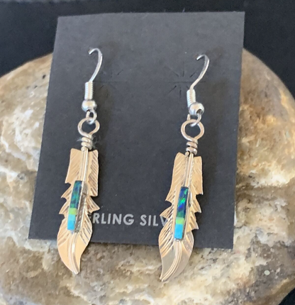 Blue Turquoise Sterling Silver Navajo Handmade Inlay Feather Earrings 13086