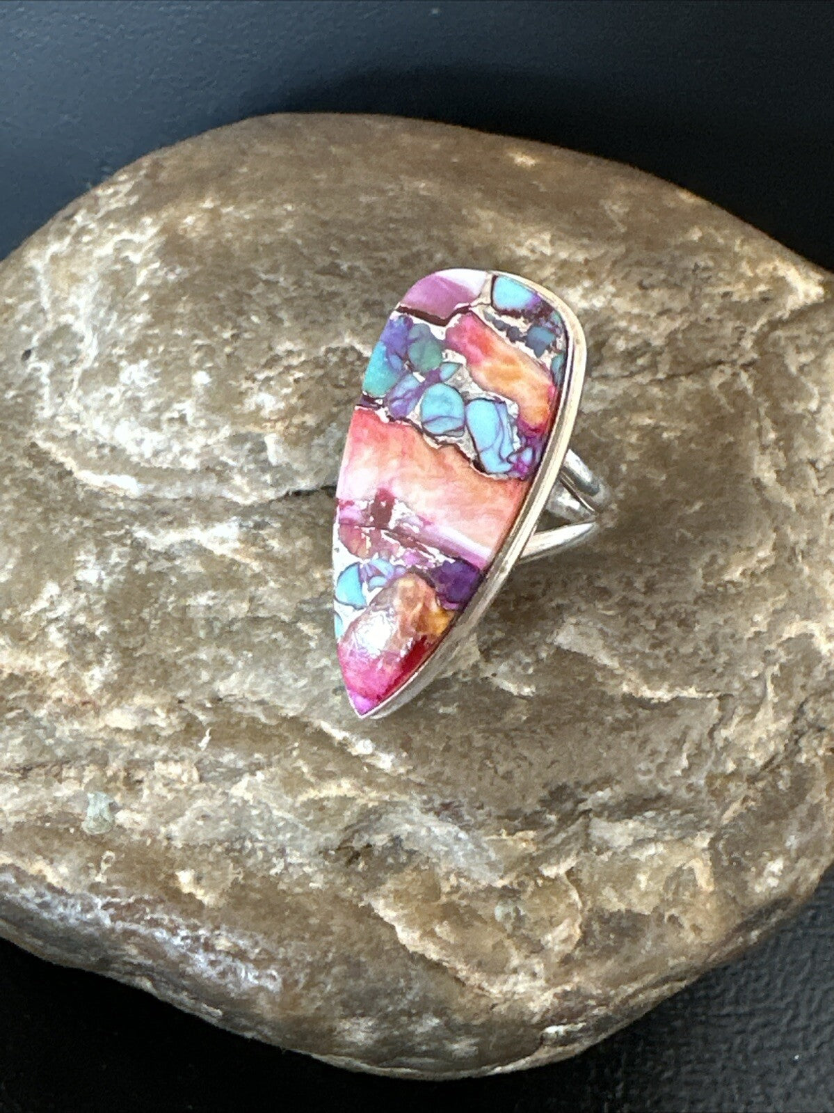 Blue Turquoise Orange Spiny Oyster Navajo Sterling Silver Ring Size 5.5 18210